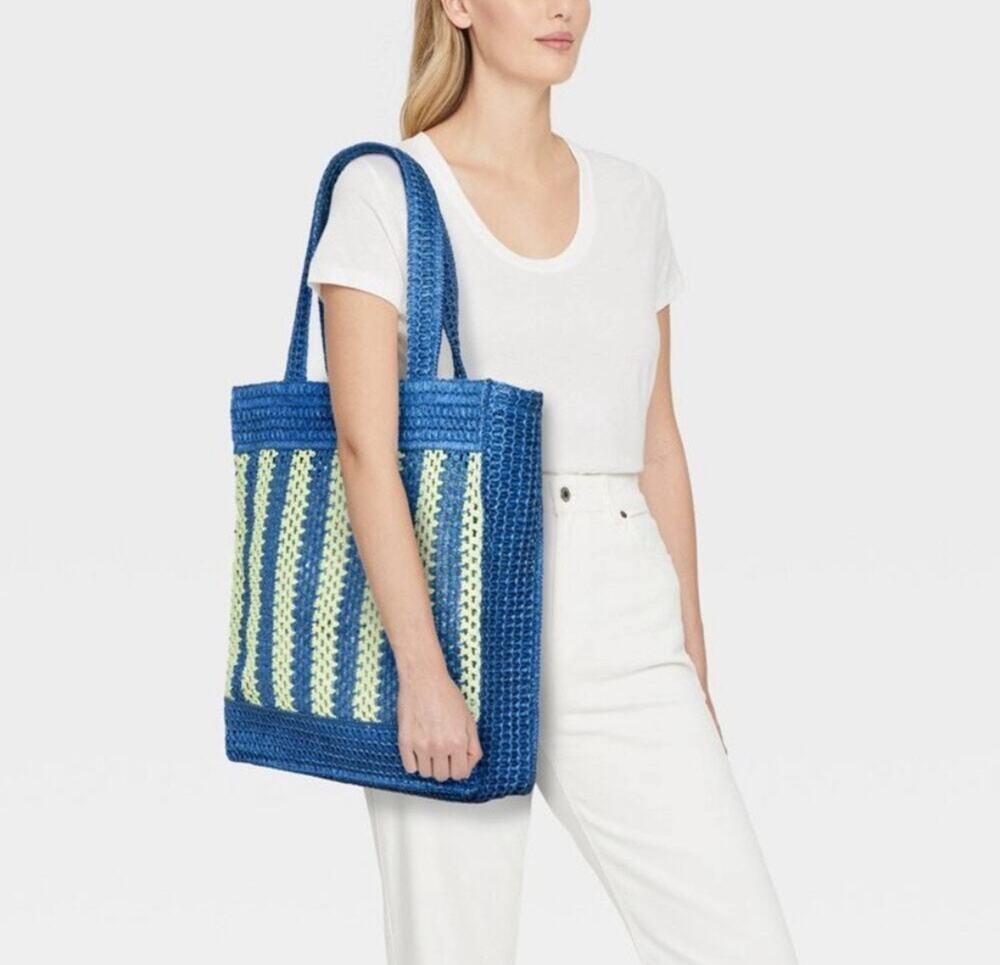 Universal Thread Straw Stripe Crochet Tote Bag Blue Green Bohemian Beach Summer